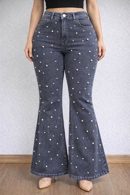 Women'S-Premium Pearl Detailed High Waist L Stretch Fabric Flexible Comfortable Fit İ Flared Ot Pants
