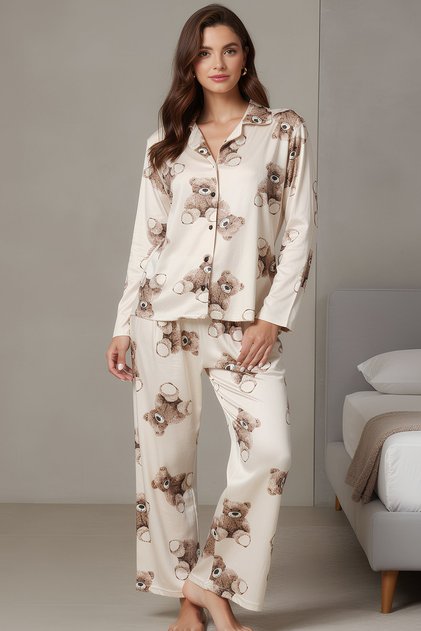 Teddy Bear Patterned Pajama Set Women's Premium Long Sleeve
