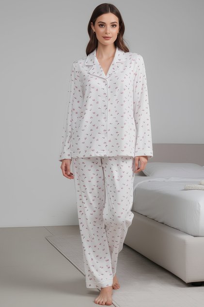 Cherry Patterned Waffle Pajama Set Women's Premium Long Sleeve Buttoned