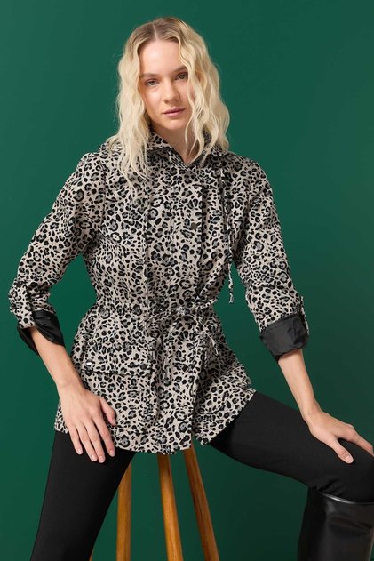Beli Büzgülü Kapüşonlu Leopar Desen Trençkot / GRİ