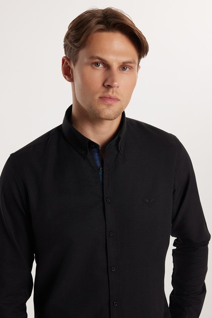Men's Slim Fit Slim Fit Long Sleeve Cotton Oxford Texture Easy Iron Black Button Lapel Shirt