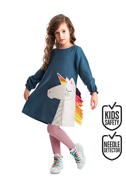 Denokids Navy Blue Unicorn Patterned Girl's Winter Dress- Trendyol Denokids Navy Blue Unicorn Patterned Girl's Winter Dress- Trendyol