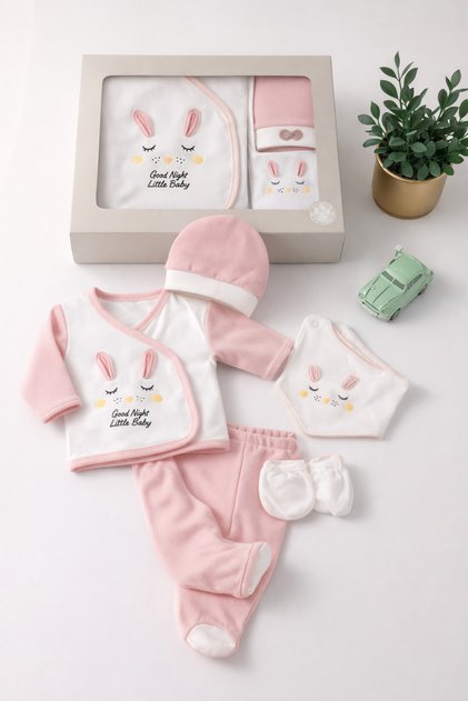 100% Cotton Baby Girl Rabbit Newborn 5-Piece Hospital Discharge Set Birth Gift Set