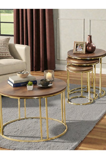 4 Lü Koyu Ceviz Gold Metal Ayaklı Cam C Model Sehpa Takımı (ZİGON VE ORTA)