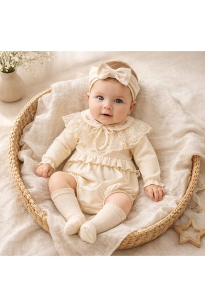 Luxury Soft Removable Lace Collar Romper Baby Girl Jumpsuit, 100% Cotton