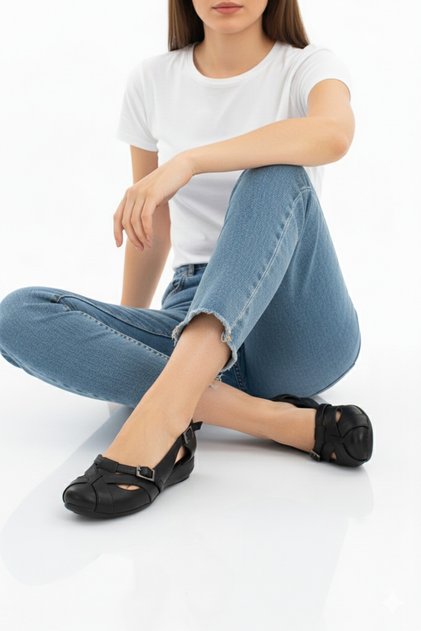 Genuine Leather Black Women's Leather Ballerinas Trc-4002
