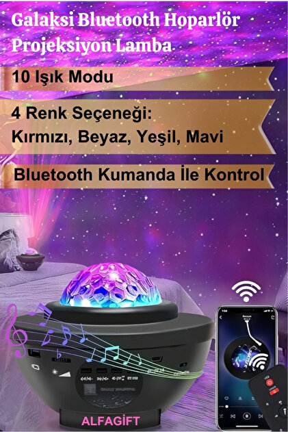 Yıldızlı Bluetooth Hoparlör Projektör Gece Lambası- Galaksi Lazer Işık Ve Parti Led Disko Topu
