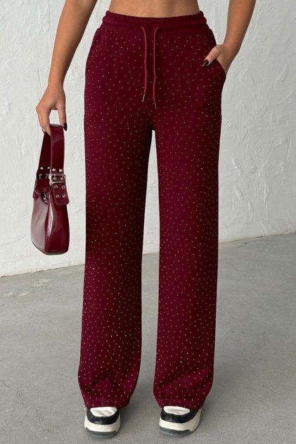 Women's Viva Burgundy Stone Modal Fabric Wide Leg Lace-Up High Waist Trousers