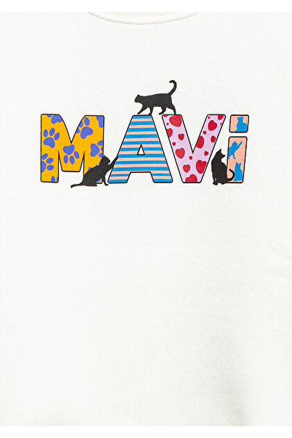 Mavi Logo Kedi Baskılı Ekru Sweatshirt 7S10169-70057 - Fiyatı
