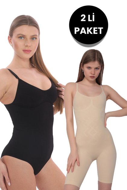 Pack of 2 Full Size Seamless Nude Colored Women's Corset and Black Graffed Slip Body Corset