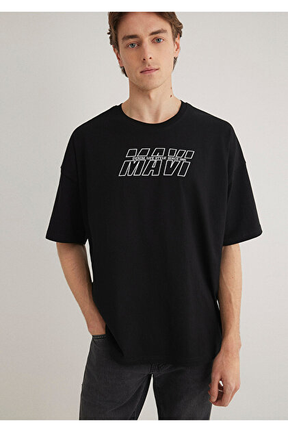 Mavi Baskılı Siyah Tişört Oversize / Geniş Kesim 0611827-900