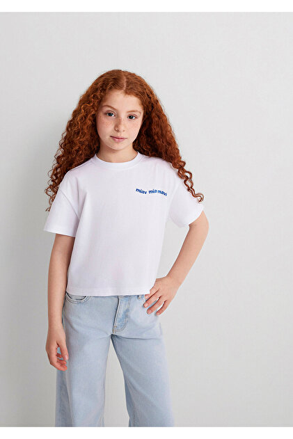 Mavi Miav Baskılı Beyaz Crop Çocuk Tişört Regular Fit / Normal