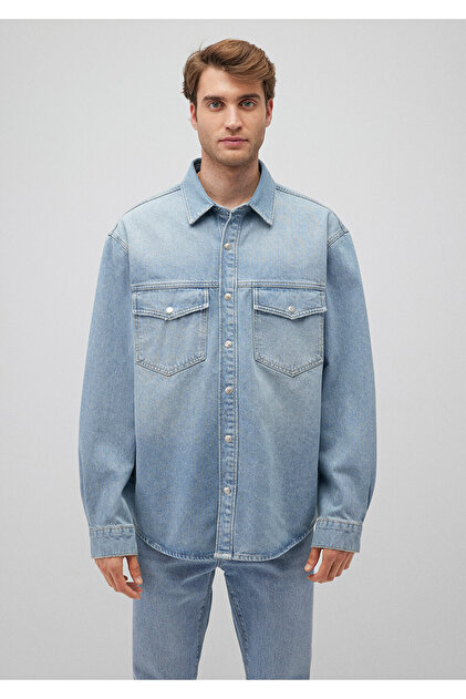 Mavi Ross 90lar Puslu Açık Jean Gömlek Oversize / Geniş Kesim