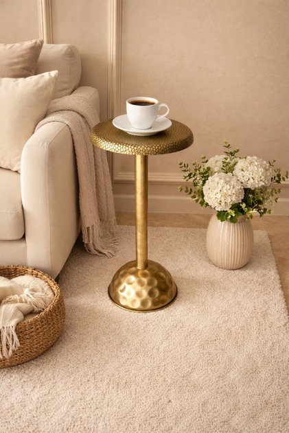 Fırçalanmış Gold Dövme Demir Şık Kahve Sunum Sehpası 25x55 cm