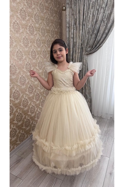 Tulle Detailed Ruffled Wedding Dress for Princesses Girls Evening Dress Girls Dress