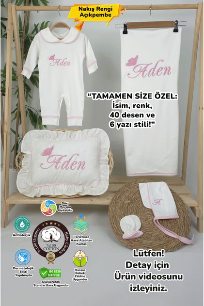 Pembe Biyeli %100 Pamuk Hastane Çıkış Seti Kelebek Model-1 (KİŞİYE ÖZGÜ İSİMLİ NAKIŞ DESENLİ)