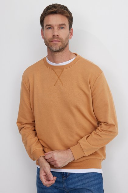Unisex Relax Fit Comfortable Cut 100% Cotton 3 Thread Basic Camel Crew Neck Sweatshirt