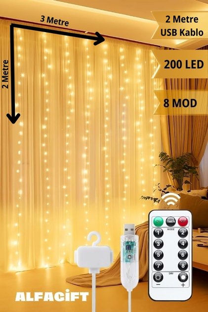 3x2 Metre 200 Ledli 10 Saçaklı Yılbaşı Perde Led Christmas Işık-8 Mod,Uzaktan Kumandalı, Su Geçirmez