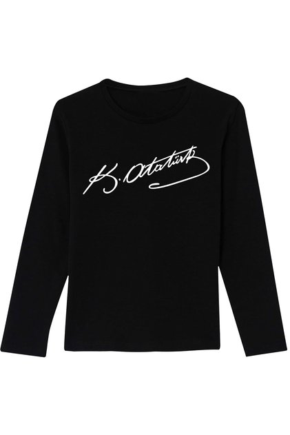 Cotton White Ataturk Signature Printed Black Long Sleeve 23 April 29 October Children's T-Shirt