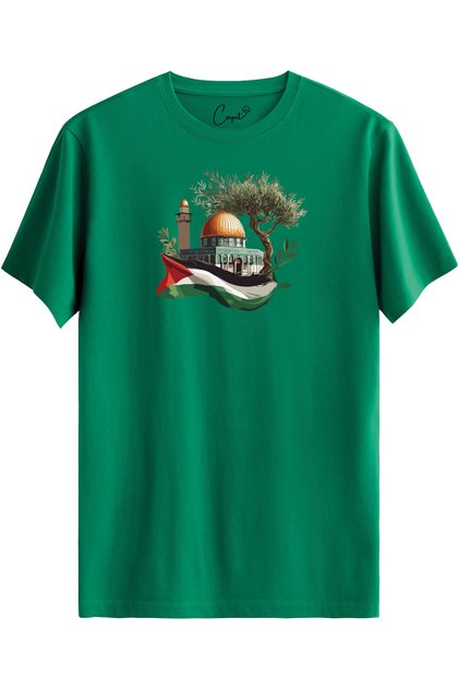 Cotton Lu Palestine Jerusalem Printed Green Short Sleeve T-Shirt