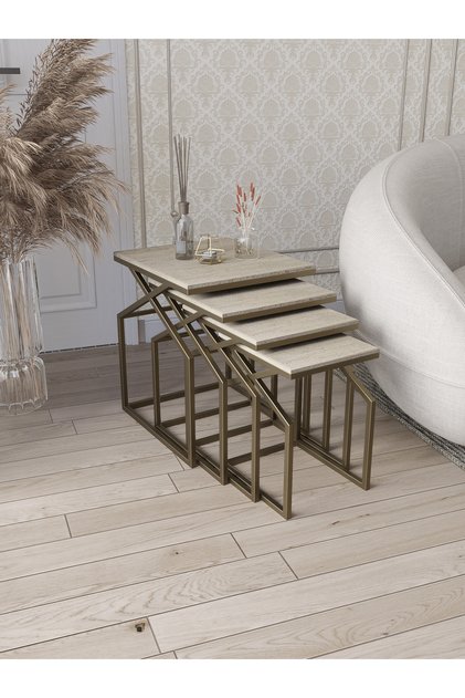 Uygar Zigon Sehpa Yan Sehpa Metal Sehpa Traverten Desen MDF Membran Kaplama
