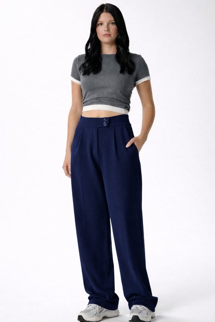 Women's Navy Blue High Waist Palazzo Pants – Wide Leg Stylish Office & Casual Model