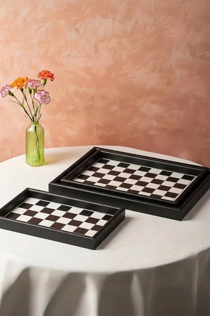 Set of 3 Wooden Trays, Large Tray: 40 X 30 Cm, Medium Tray: 35X25 Cm, Small Tray: 30X20 cm Checkered