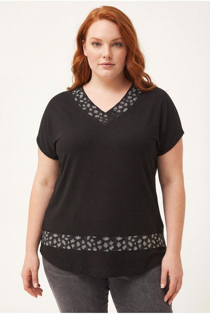 Women's Large Size Collar and Skirt Leopard Stone Detail Black Blouse