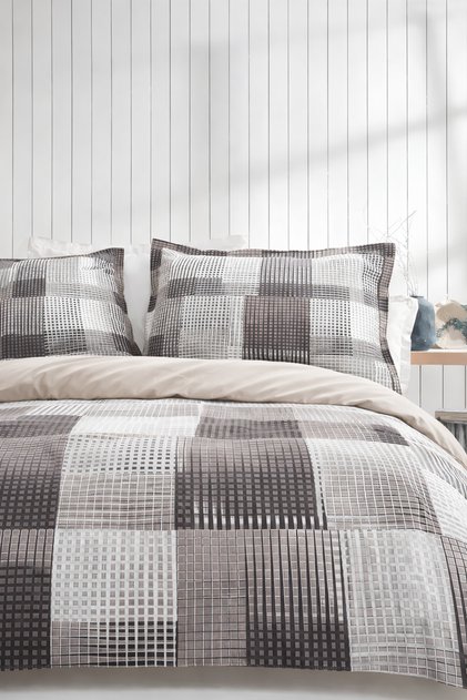 Modern Square Pattern Double Duvet Cover Set – Gray Beige Tones, 4-Piece Set
