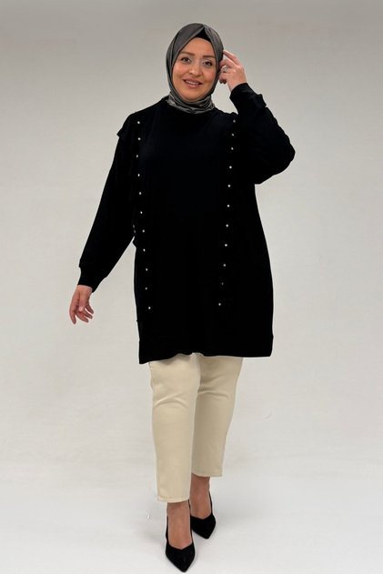 58074 Large Size Ruffle and Stone Detailed Combed Cotton Tunic - Black