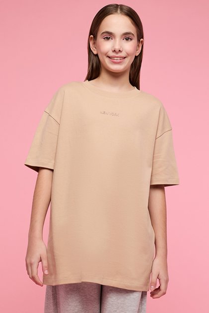 Print Detail Oversized T-Shirt with Crew Neck and Short Sleeves