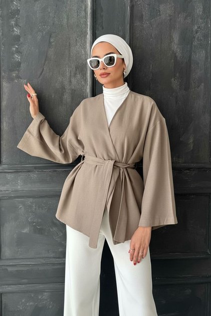 Beige Women's Belted Kimono 1177-Tes