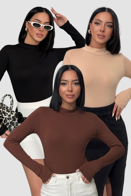 Women's 3-Piece Long Sleeve Body Black Beige Bitter Brown Half Turtleneck Body Cotton Badi 3Pcs Economical