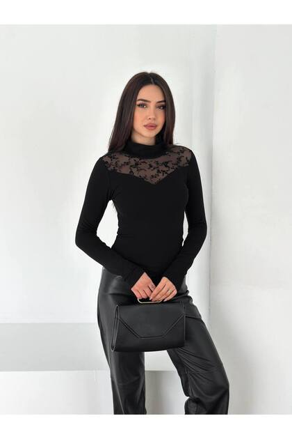 Turtleneck Flocked Tulle Blouse