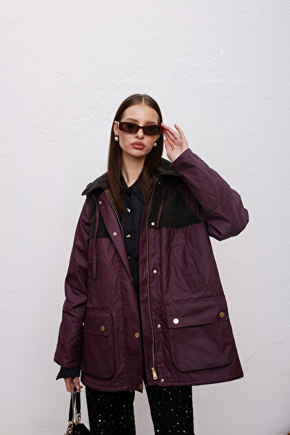 Oversize Mumlu Gabardin Ekose Astarlı Kapüşonlu Bordo Parka