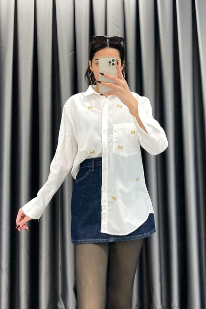 Cat Embroidered Basic Shirt - Ecru Ekru
