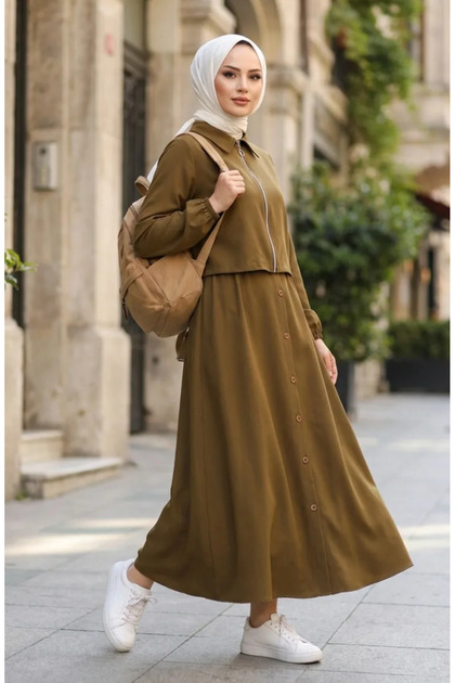 Zippered Cotton Hijab Double Set 0239-04 Oil Green