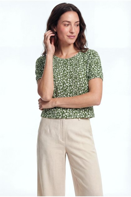 Women's Crew Neck Short Sleeve Patterned Green Crop Top Carmen