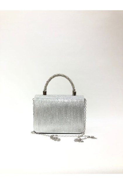 Silver Color Laser Patterned Material Evening Dress Portfolio Clutch Women's Bag for Handheld Use and Use with Long Strap