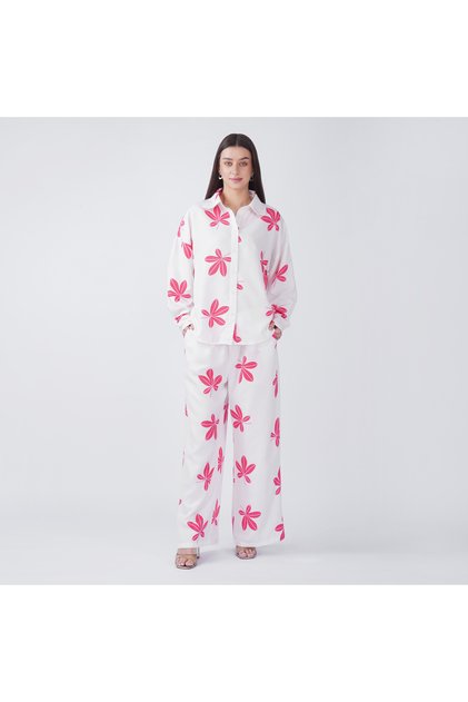 White Base Pink Leaf Motif Printed Coord Set