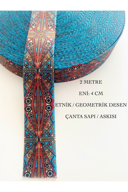 2 Metre Eni 4 Cm Turkuaz Geometrik Desenli Renkli Çanta Askısı, Sapı, Dekoratif Şerit, Dokuma, Kolon