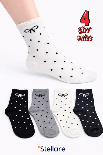 Women's Polka Dot Patterned Socks with Bow Detail, 4 Pairs