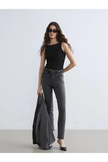 Gray High Waist Slim Fit Women's Jean Pants (S6)