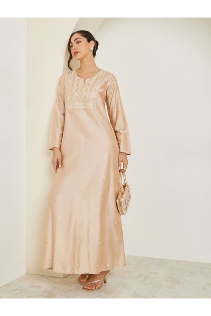 Women Beige Embroidered A-Line Jalabiya