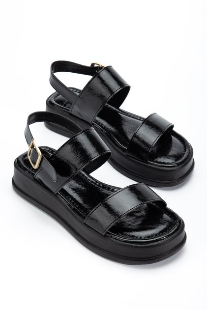 Women's Black Wrinkled Patent Leather Double-Strapped Side Buckle Detailed Casual Comfortable Sandals