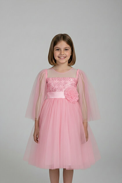 nacar ar Girl's Dress with Glitter and Floral Details Pink Princess  Model Tulle Dress April 23 October 29- Trendyol