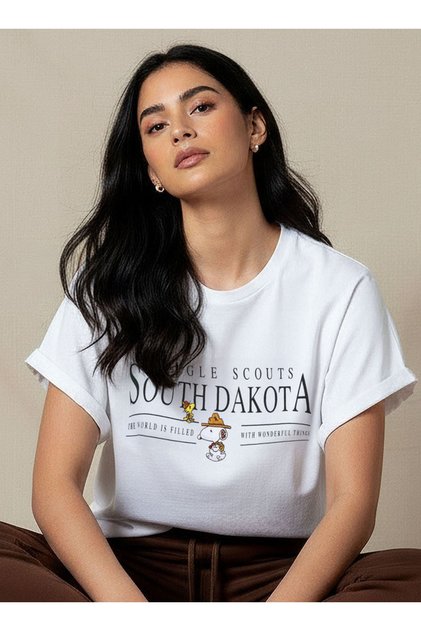 T-shirt with Peanuts Embroidery and Turn-Up Sleeves