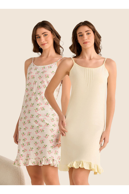 Set of 2 - Midi Slip Dress Strappy Ruffled Hem Cotton