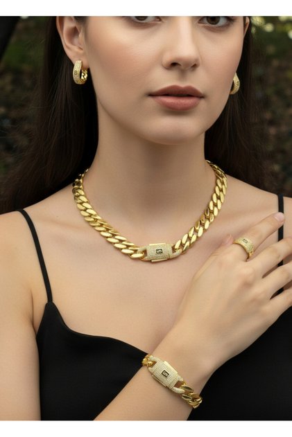 Vip Altın Kaplama Kalın Kolye Bileklik Küpe Yüzük Gurmet Set - 26set02