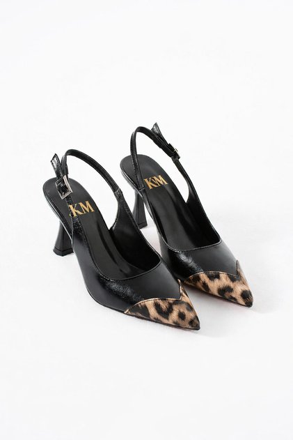 Black Slingback Stiletto with Leopard Toe Detail – Bold and Timeless Elegance